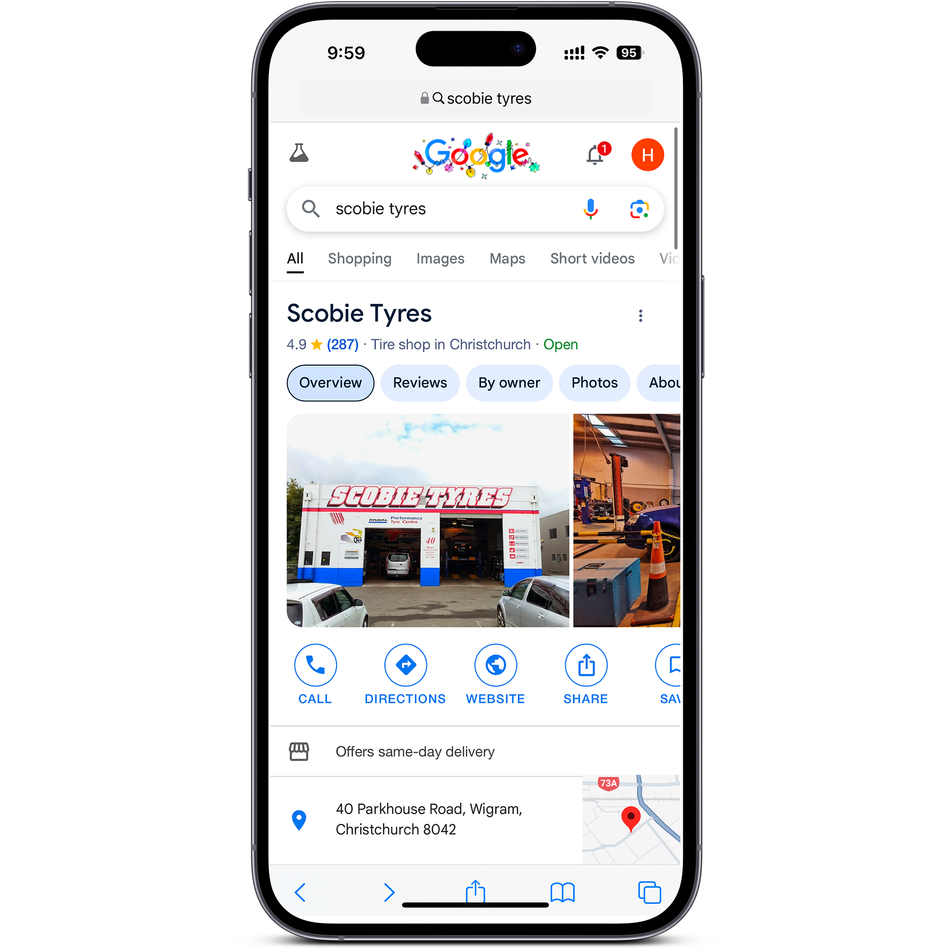 1-mobile-google-review Google Business Profile of Scobie Tyres in Christchurch, showcasing local SEO optimization and enhancing Christchurch automotive online presence