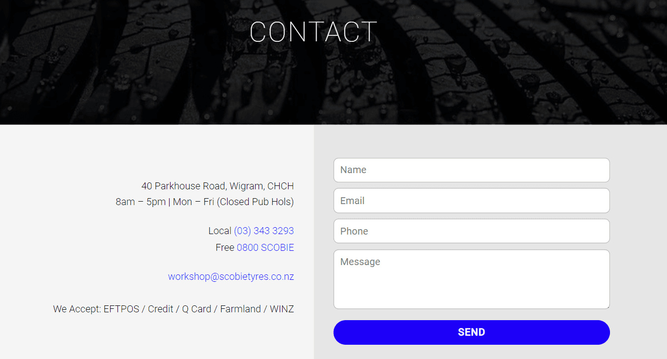 contactform Contact form with address and business hours displayed on Scobie Tyres website, enhancing Christchurch automotive online presence.