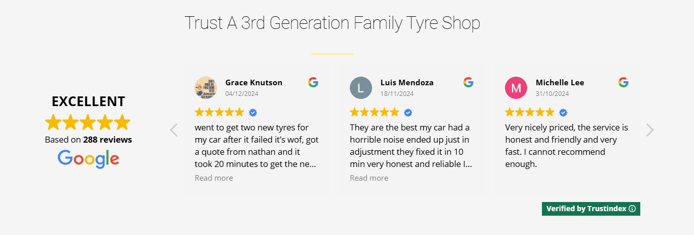 reviews Customer Google reviews displayed on Scobie Tyres website, showcasing trust and enhancing Christchurch automotive online presence.