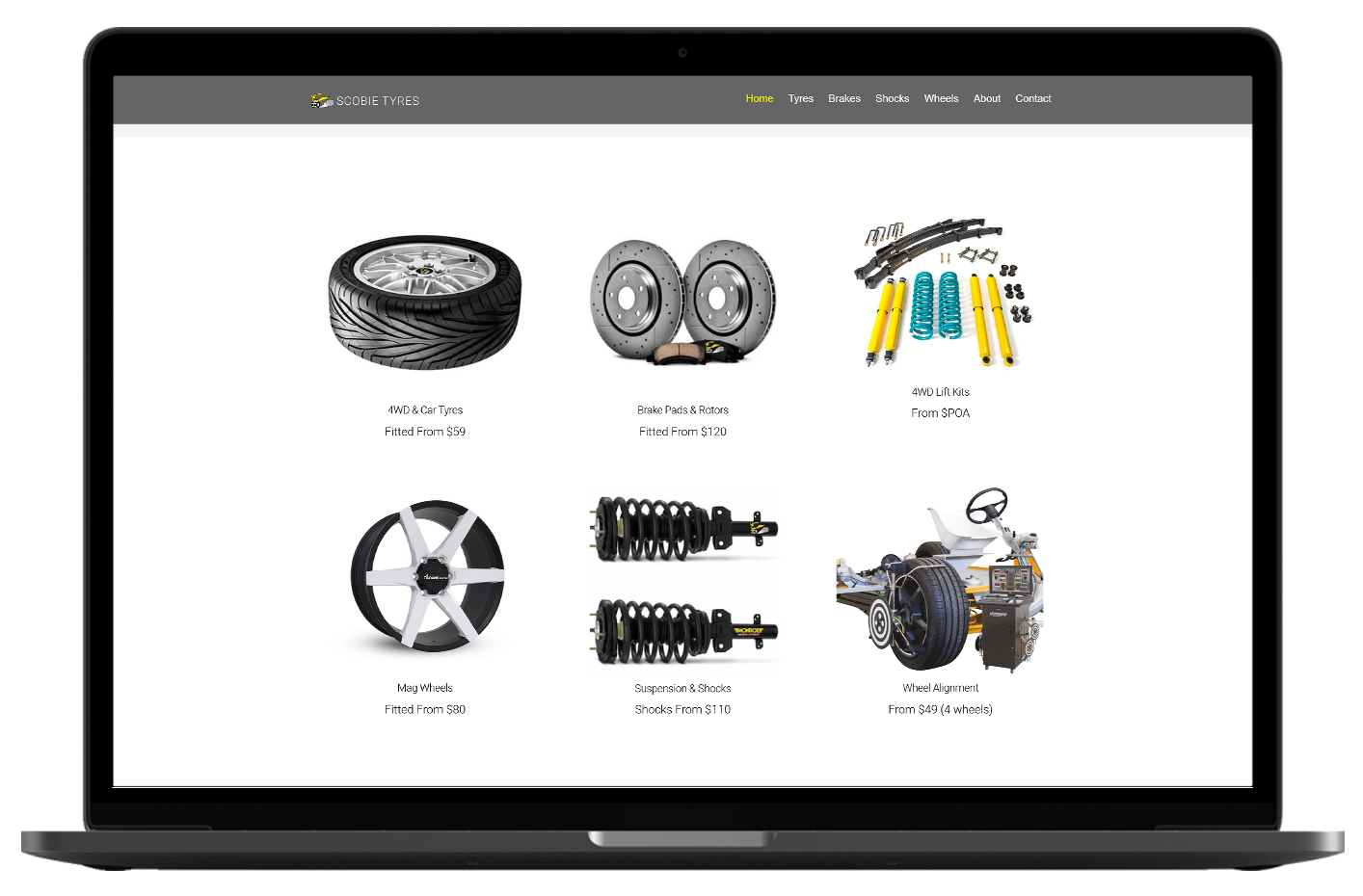 services Product page showcasing tyres and automotive parts sold by Scobie Tyres in Christchurch, enhancing their Christchurch automotive online presence.