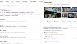 hero Google search result for 'Smashed IT' showing a computer repair service in Auckland, New Zealand. The business listing includes a 4.8-star rating from 157 reviews, their address at 135 Ponsonby Road, Ponsonby, Auckland 1010, operating hours, and contact details. The listing highlights services such as iPhone and MacBook repairs with fast turnaround times and a 4-month warranty. The right-hand side features photos of the storefront and repaired devices