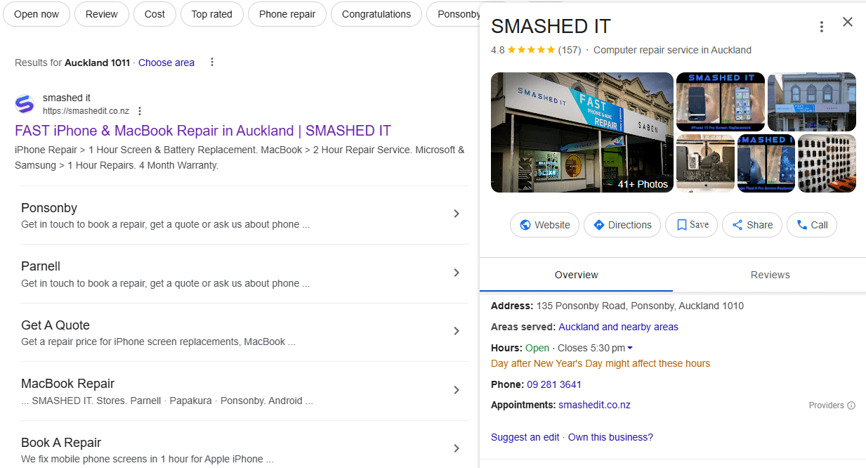 hero Google search result for 'Smashed IT' showing a computer repair service in Auckland, New Zealand. The business listing includes a 4.8-star rating from 157 reviews, their address at 135 Ponsonby Road, Ponsonby, Auckland 1010, operating hours, and contact details. The listing highlights services such as iPhone and MacBook repairs with fast turnaround times and a 4-month warranty. The right-hand side features photos of the storefront and repaired devices