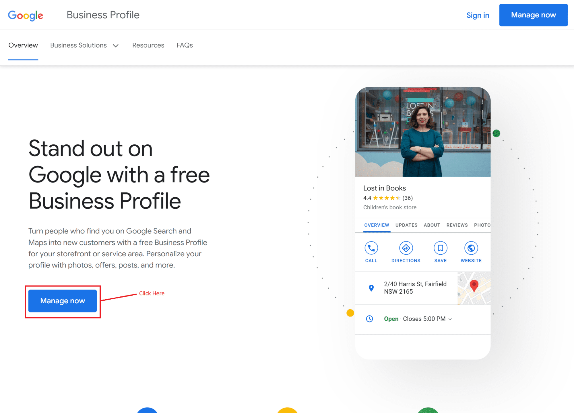 manageNow Screenshot of the Google Business Profile webpage with the headline 'Stand out on Google with a free Business Profile.' The page promotes creating a profile to help businesses attract new customers through Google Search and Maps. On the right, a mockup of a business profile for 'Lost in Books' is displayed, showing a 4.4-star rating from 36 reviews, contact options, and location details. A blue 'Manage now' button is highlighted, indicating where users can click to set up their profile.